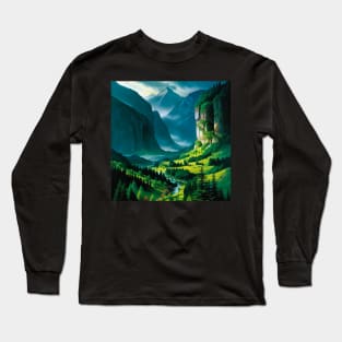 Misty Valley with Lush, Green Pine Forest Long Sleeve T-Shirt